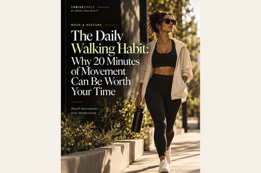 Woman taking a daily walk in activewear — ThriveSpace movement and wellness editorial cover