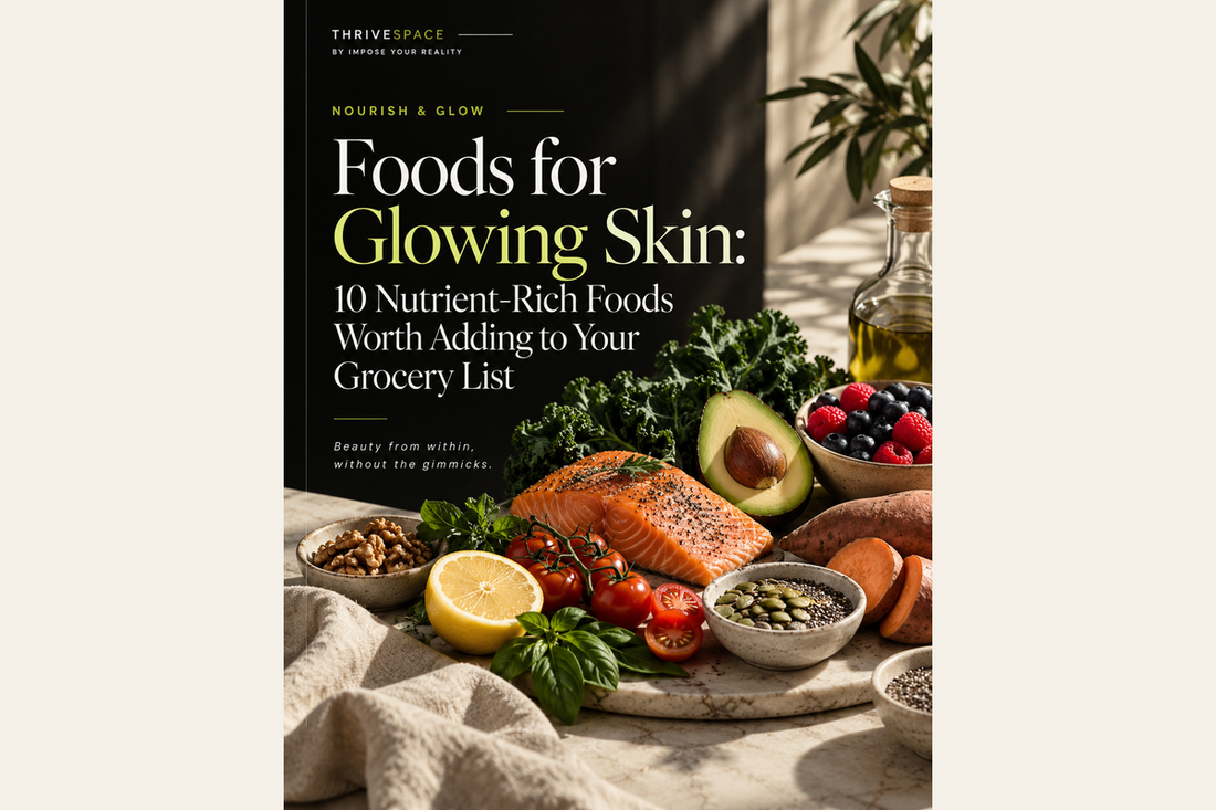 Foods for glowing skin: nutrient-rich salmon, avocado, berries and vegetables — ThriveSpace editorial cover