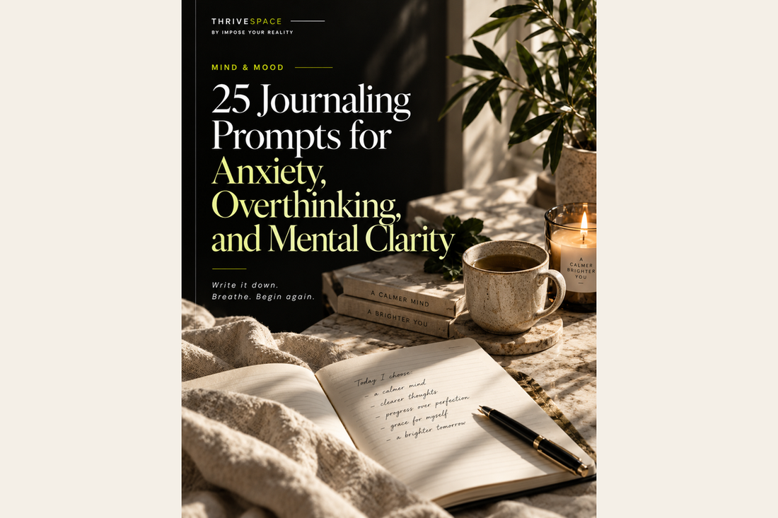 Cozy journal notebook and tea — ThriveSpace 25 journaling prompts editorial cover