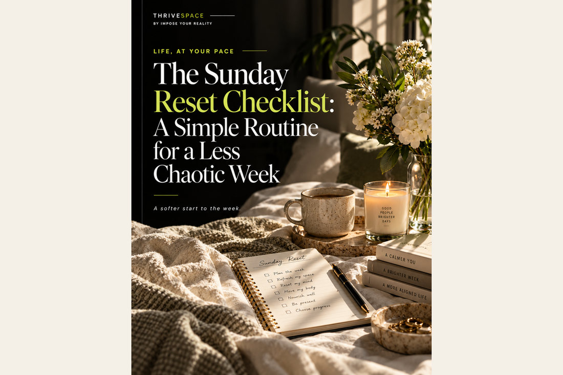Cozy Sunday reset with notebook tea candle and flowers — ThriveSpace editorial cover