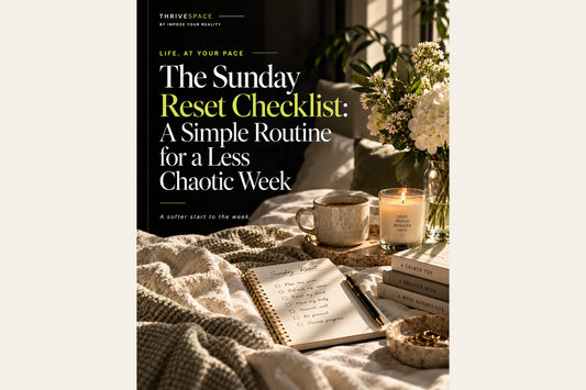 Cozy Sunday reset with notebook tea candle and flowers — ThriveSpace editorial cover