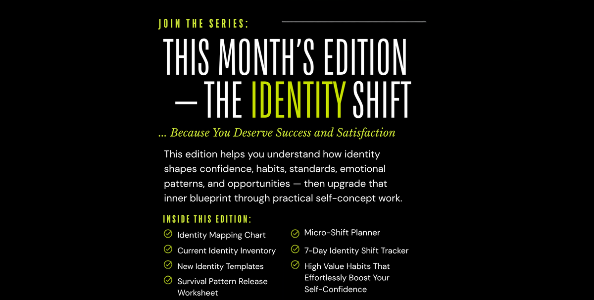 A promotional graphic on a black background with white and yellow text reading 'This Month's Edition — The Identity Shift' and a list of included worksheets and planner pages.