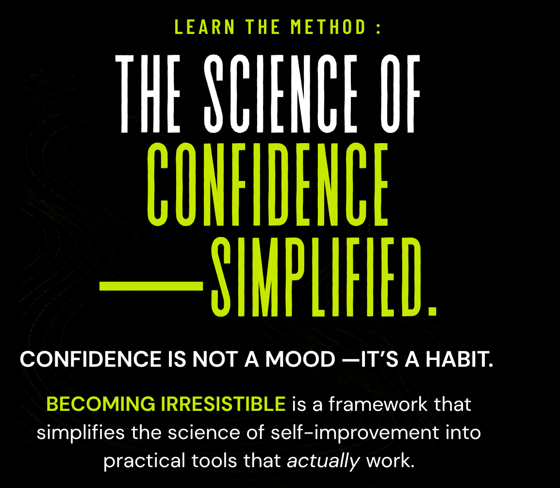 A black promotional graphic with bold yellow and white text reading 'LEARN THE METHOD : THE SCIENCE OF CONFIDENCE — SIMPLIFIED.' and additional text below about confidence as a habit.