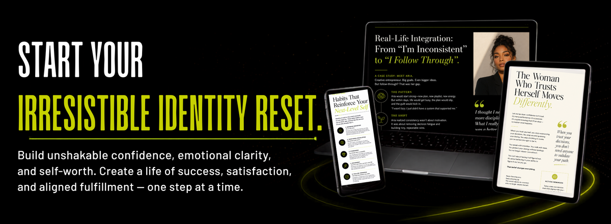 Promotional graphic for an online course or digital program, showing a laptop, smartphone, and tablet on a black background with glowing yellow accents. The screens display course pages and text, including the title 'Real Life Integration: From "I'm Inconsistent" to "I Follow Through"' and 'The Woman Who Traged, Her Story Begins Differently.