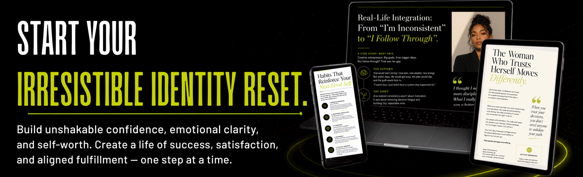 Promotional graphic for an e-book or digital course set, featuring a laptop, tablet, and smartphone mockup displaying content on a black background with bold white and yellow text reading 'START YOUR IRRESISTIBLE IDENTITY RESET.'.