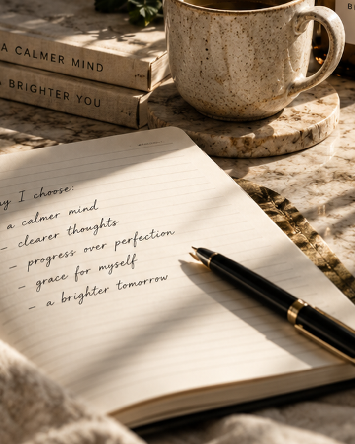 Mind and Mood editorial photograph of journaling desk