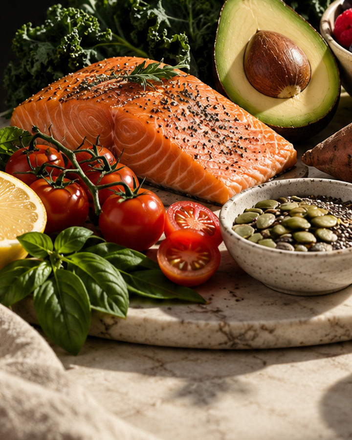 Nourish and Glow editorial food photograph with salmon and nutrient rich produce