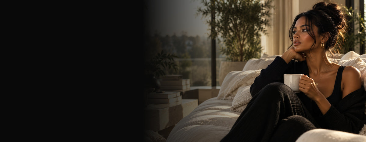 ThriveSpace editorial welcome banner with woman relaxing in sunlight; open dark space for editable text