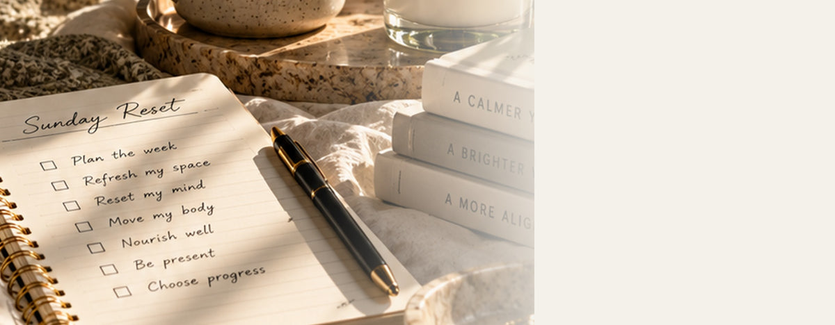 ThriveSpace lifestyle editorial banner with cozy coffee, journal and candle, cream text space