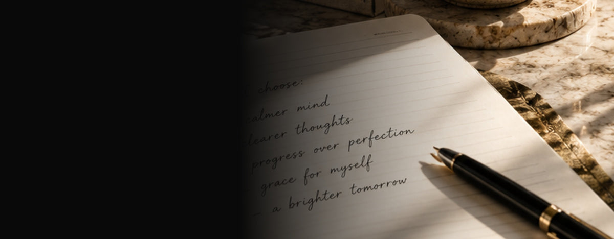 ThriveSpace editorial closing banner with reflective journaling photograph
