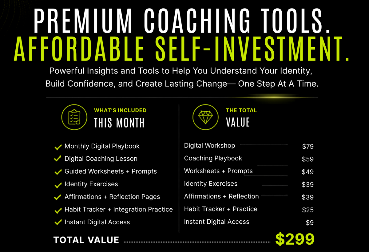 Promotional graphic for a digital coaching bundle on a black background. Large white and yellow text reads 'PREMIUM COACHING TOOLS.